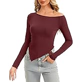 Simlakey Women's Off Shoulder Long Sleeve Shirts Knit Tee Shirts Slim Fit Going Out Tops Y2K Fall Trendy Fashion