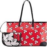 Disney Mickey and Minnie Tote bag - Girls, Boys, Teens, Adults - Mickey and Minnie Mouse Faux PU Leather Cosplay Tote Handbag with Zipper Pouch