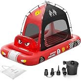 QPAU Inflatable Toddler Travel Bed with Tent &amp; Fast Pump, Kid Air Mattress | Red, Race Car Design, Carry Bag Included, Portable Blow Up Design, for Home, Family Visits, Camping and Travel, Ages 3+