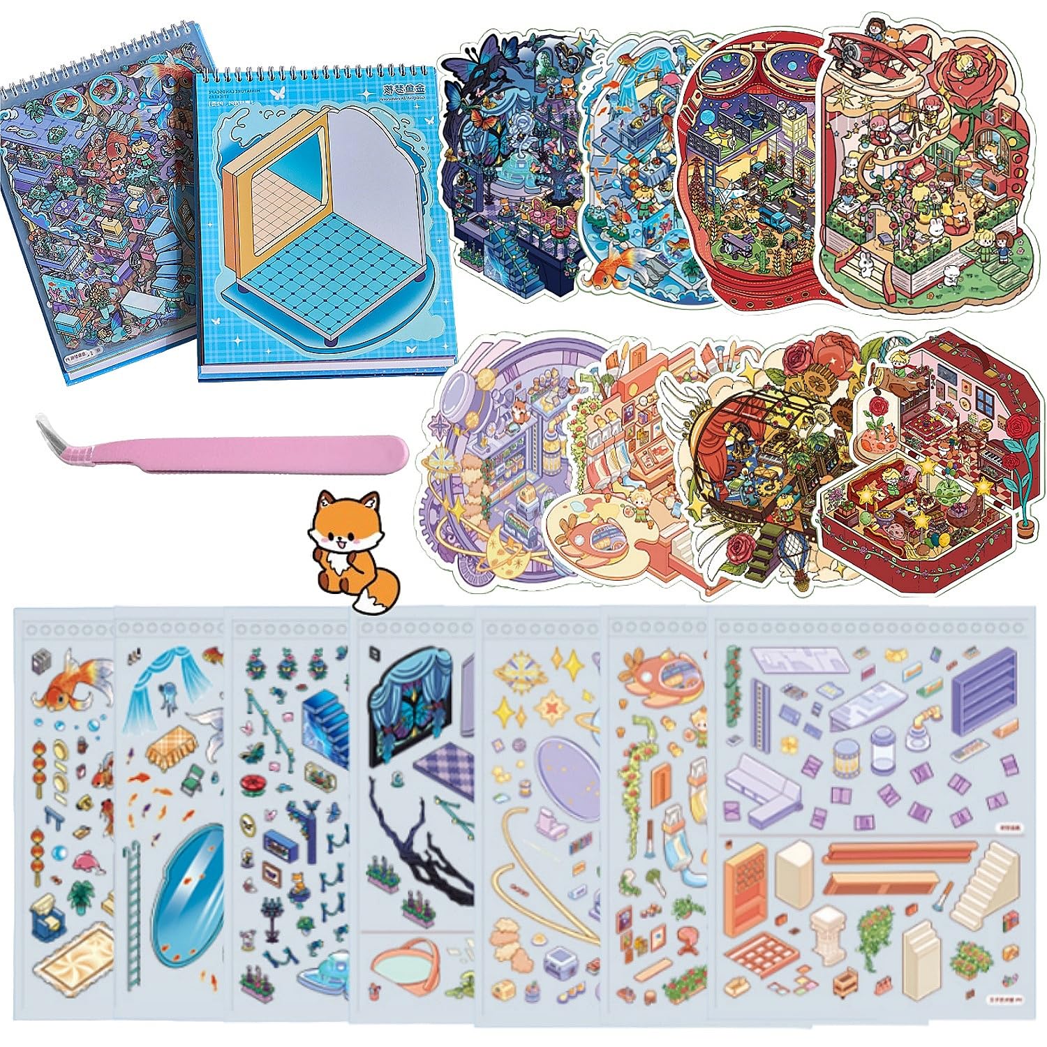 8 Sets Fun 3D Sticker Scenes Books with Tweezers,DIY 3D House Stickers Make Your Own Miniature Room Microcosm Pilot Steampunk Butterfly Dream for Adult Therapy Relief Stress Pass The Time