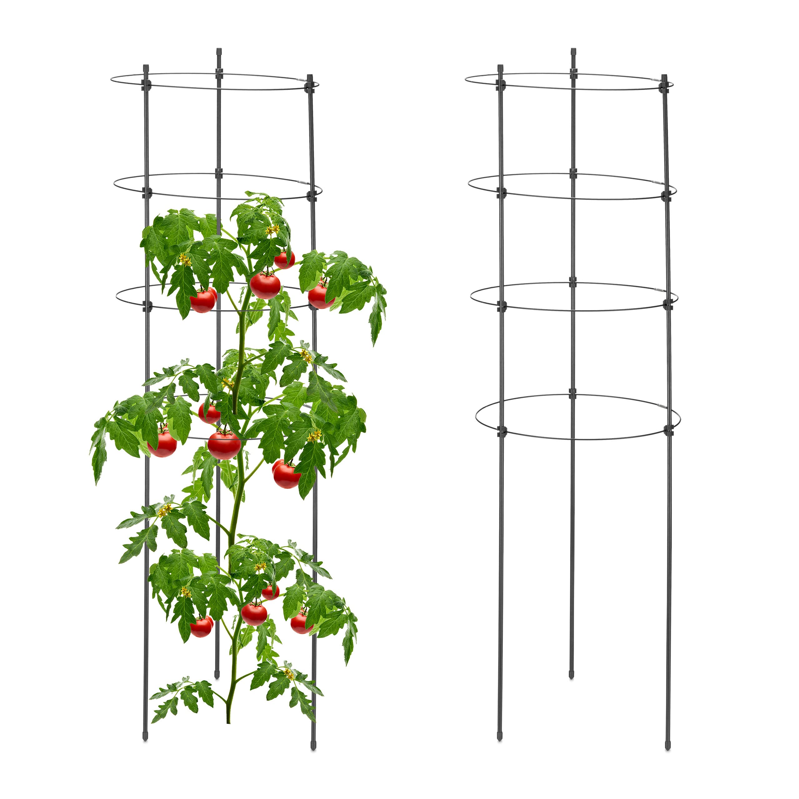 Relaxdays Set of 2 Plants Supports, Gardening, Tomato Trellis, Metal & Plastic, HxØ: 90x30 cm, 4 Adjustable Rings, Black