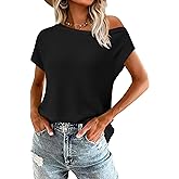 PRETTYGARDEN Womens Off The Shoulder Tops 2026 Summer Casual Short Sleeve Tunic T Shirts Lightweight Knit Sweaters