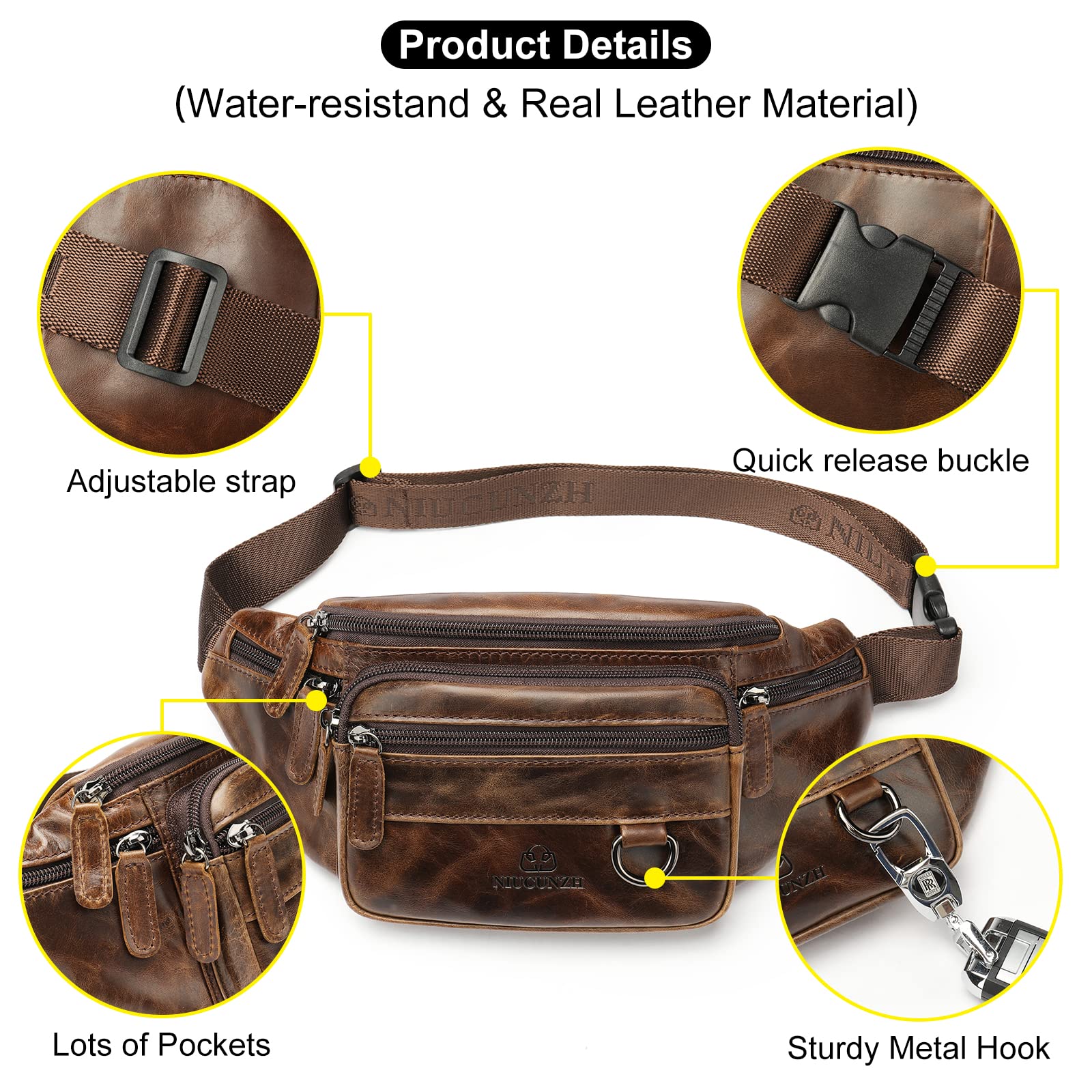 Genuine Leather Fanny Pack HandMade Durable cowhide Waist Bag Lots of Anti-theft zipper pocket Waxed Brown