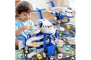 MSKOLER Kids Airplane Toy Racing Tracks for 3 4 5 6 7 Boys - Transport Airplane Vehicle with 8 Cars, Garage Parking Lot, Playmat, Toddler Boy Toy, Birthday Gifts for Boys Girls 3-5