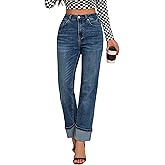 ETTELO Womens Jeans High Waisted Stretchy Straight Leg Jeans for Women Tummy Control Trendy Cute Ankle Fold Hem Jeans Pants