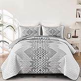 Dintszyayue Grey Quilt Set Queen Size 3 Pieces Boho Aztec Quilt Set Queen Gray Bedspread Coverlet Set with 2 Pillowcases Soft Microfiber Bohemian Quilt Bedding Set for All Season 90"x96"