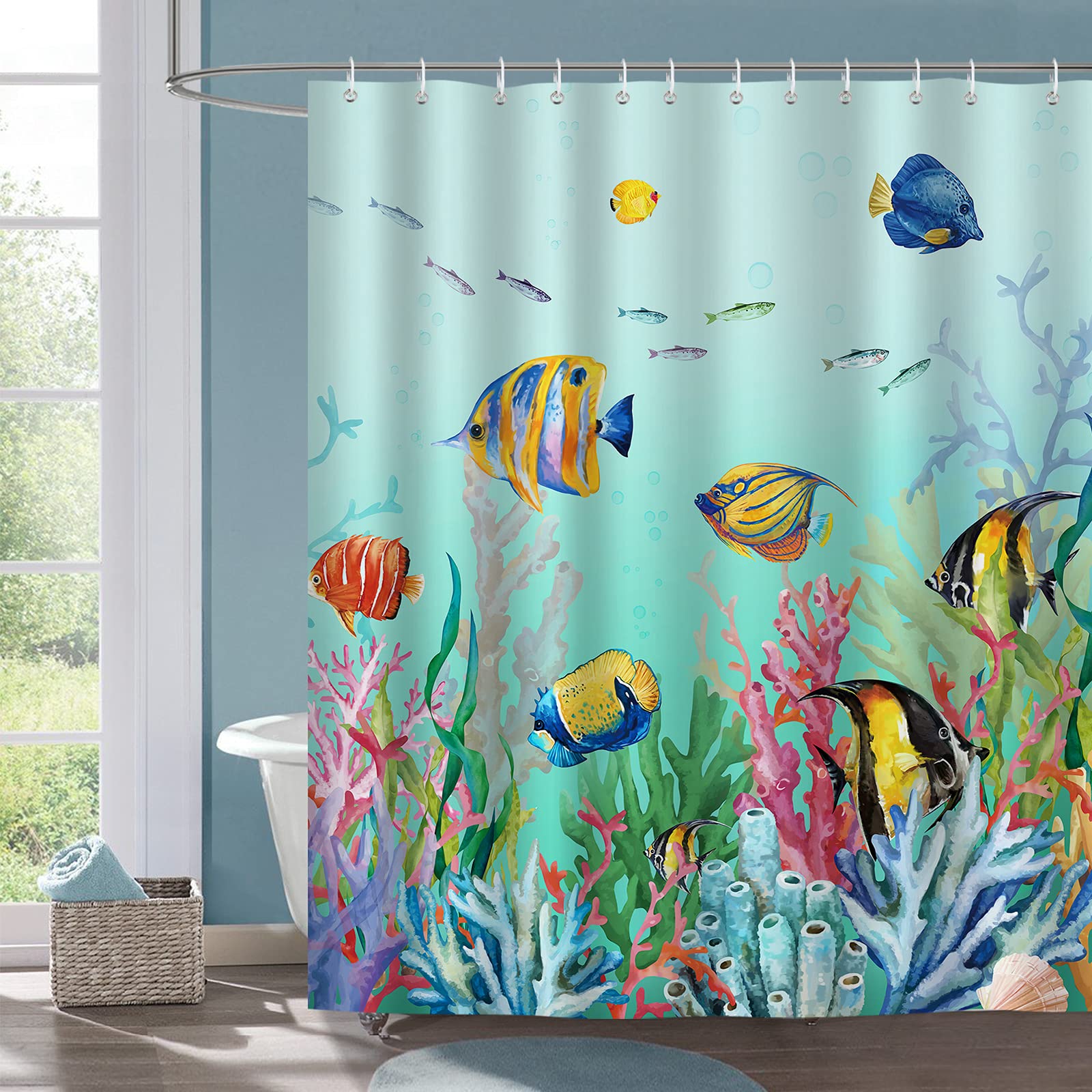 Bonhause Tropical Fish Shower Curtain 180 x 180 cm Coral Underwater Ocean Blue Bathroom Curtain Mildew & Mould Resistant Polyester Fabric Bath Curtain with 12 Hooks — image 1
