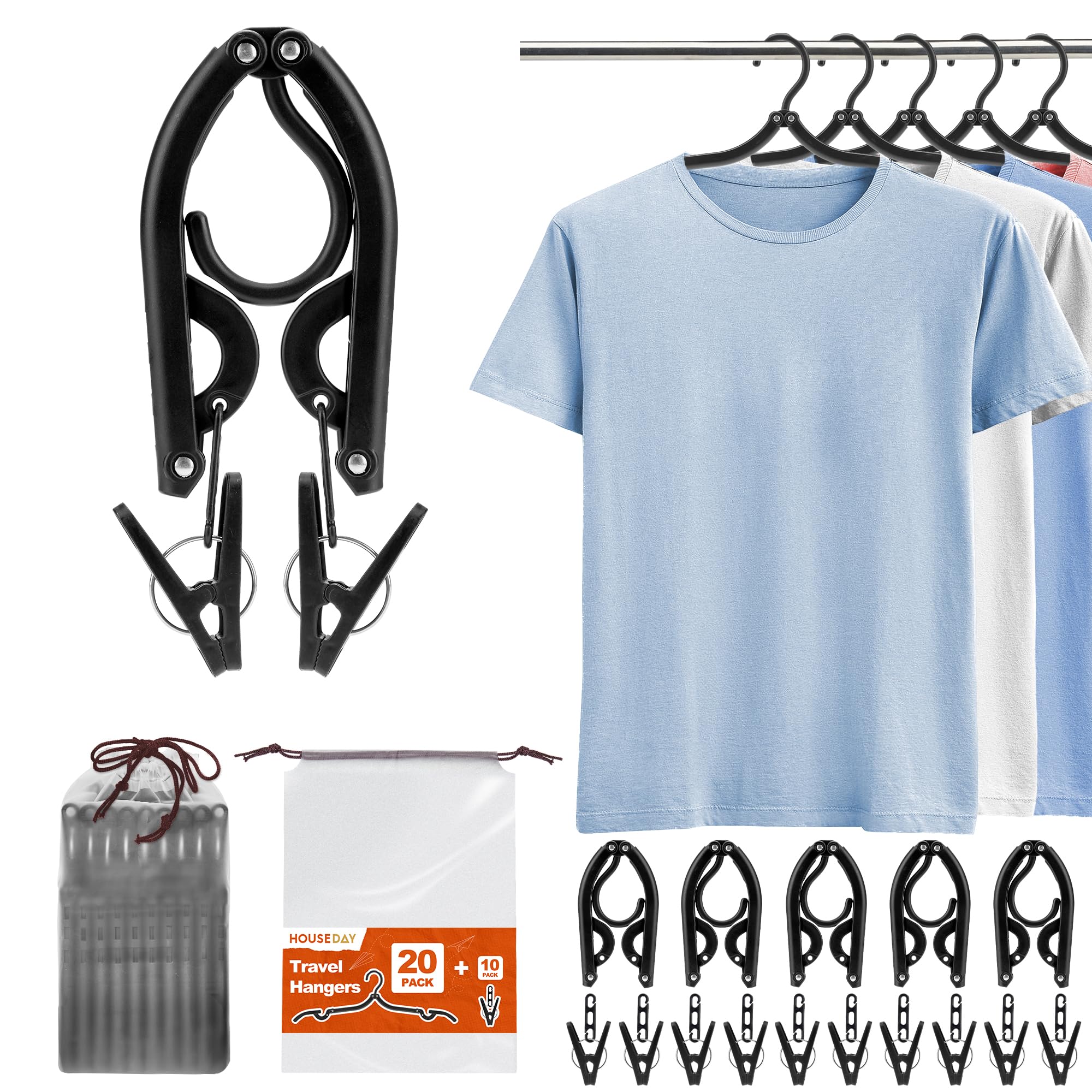 Photo 1 of HOUSE DAY Foldable Travel Hangers 20 Pack w/10 Clips, Cruise Essentials 2025, Portable Hangers Collapsible Hanger Plastic, Travel Must Haves for Suitcase, Hotel, RV, Road Trip, Flying, Camping-Black