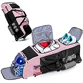 GOBUROS Rolling Baseball Bag with Wheels for 4 Bats, Softball Equipment Bags with Shoe Compartment and Glove Pocket, Large Baseball Catchers Gear Bag with Hook, Pink