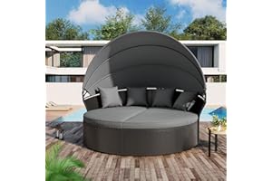 Crownland Outdoor Patio Canopy Bed Round Daybed with Washable Cushions, Clamshell Sectional Seating Wicker Furniture with Retractable Canopy Furniture for Backyard, Porch, Pool (Black)