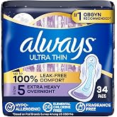 Always Ultra Thin Feminine Pads with Wings for Women, Size 5, Extra Heavy Overnight Absorbency, Unscented, Up to 100% Leak-Free Comfort, 34 Count