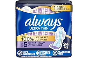 Always, Ultra Thin Pads For Women, Size 5, Extra Heavy Overnight Absorbency With Wings, 34 Count