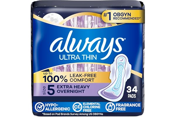 Always Ultra Thin Feminine Pads with Wings for Women, Size 5, Extra Heavy Overnight Absorbency, Unscented, 34 Count
