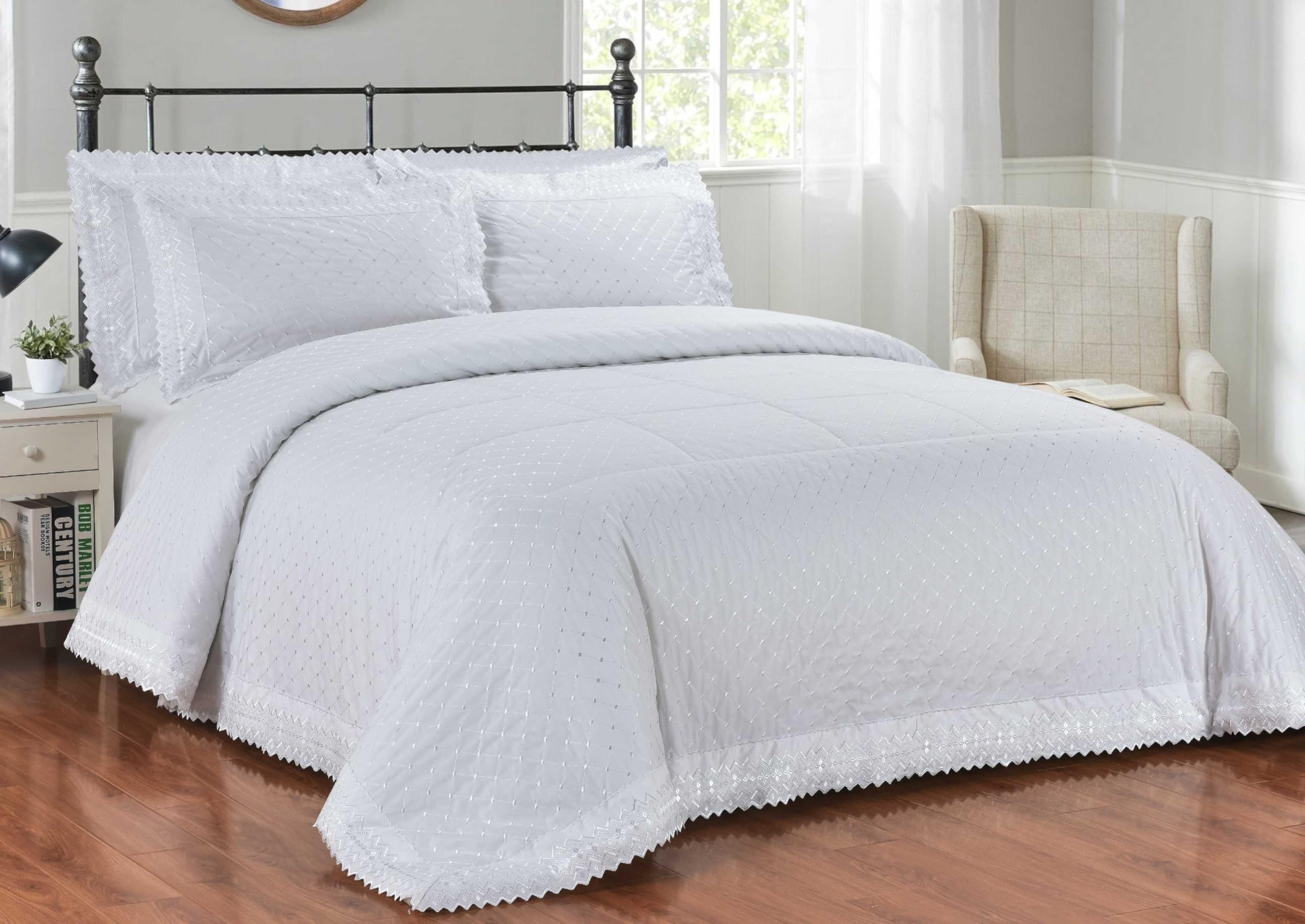 Rapport Home Richmond White Broderie Anglaise Lace Trim Embroidered Duvet Quilt Cover Set White Double — image 1