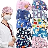 Geyoga 10 Pcs Scrub Caps Women Nursing Cap Surgical Cap Animals with Buttons Adjustable Breathable Turban Sweatband Tie Back Hats for Dentist Women Men