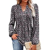 MIHOLL Women's V Neck Puff Long Sleeve T Shirts Pleated Casual Loose Tunic Blouse