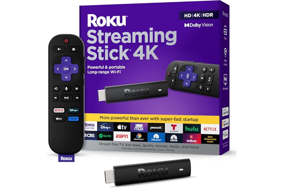 Roku Streaming Stick 4K - HDR & Dolby Vision Roku Streaming Device for TV with Voice Remote & Long-Range Wi-Fi - Free & Live