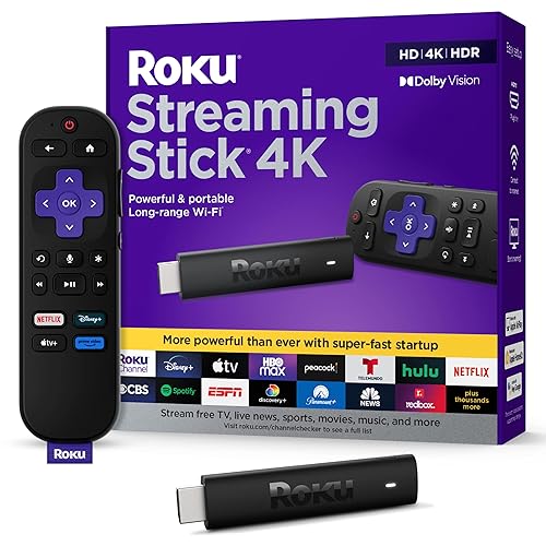 Roku Streaming Stick 4K - HDR & Dolby Vision Roku Streaming Device for TV with Voice Remote & Long-Range Wi-Fi - Free & Live TV