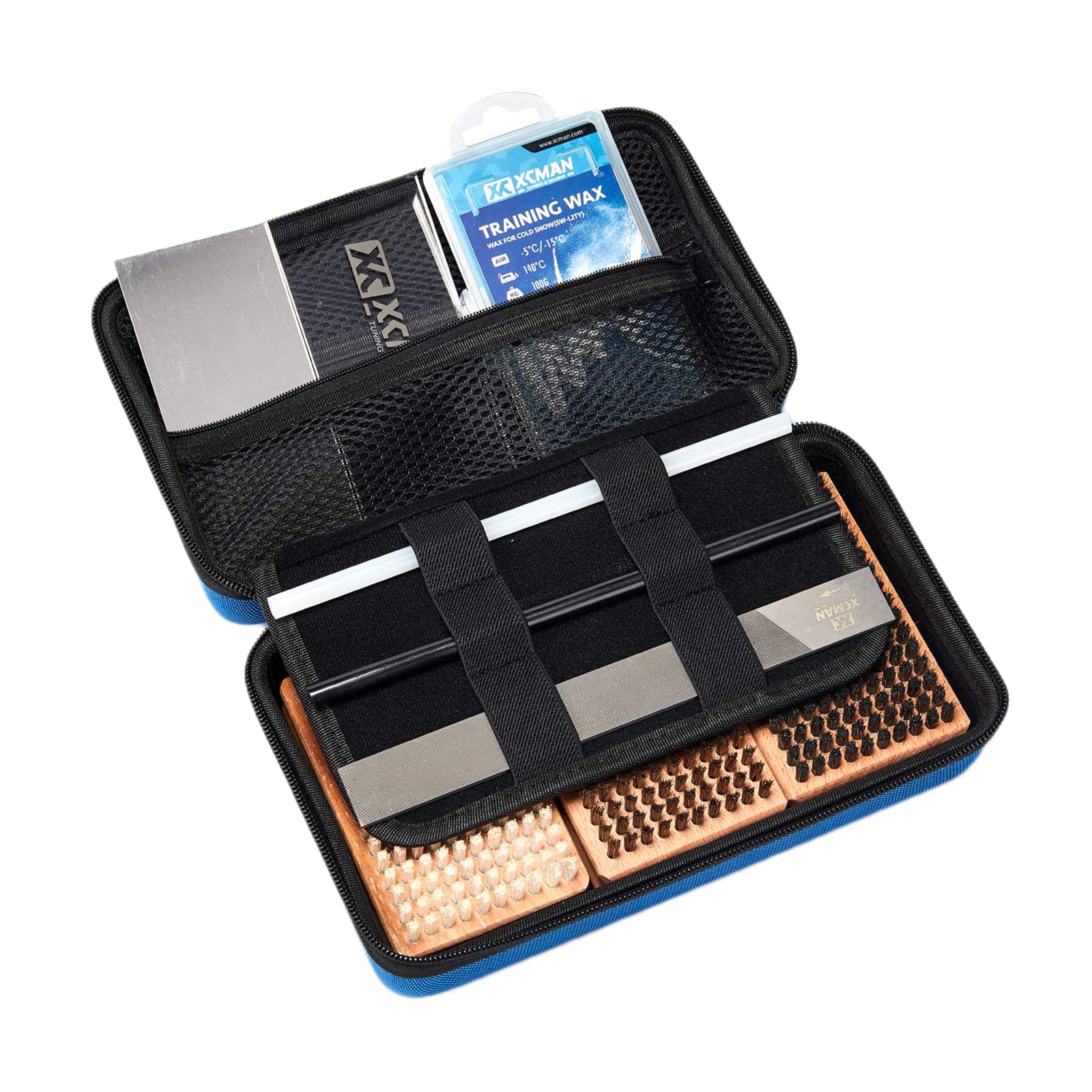 Kit de cera y ajuste de snowboard de esquí Xcman con caja de pincel de cera para viajar y almacenamiento (caja rígida con herramientas de ajuste) Caja azul