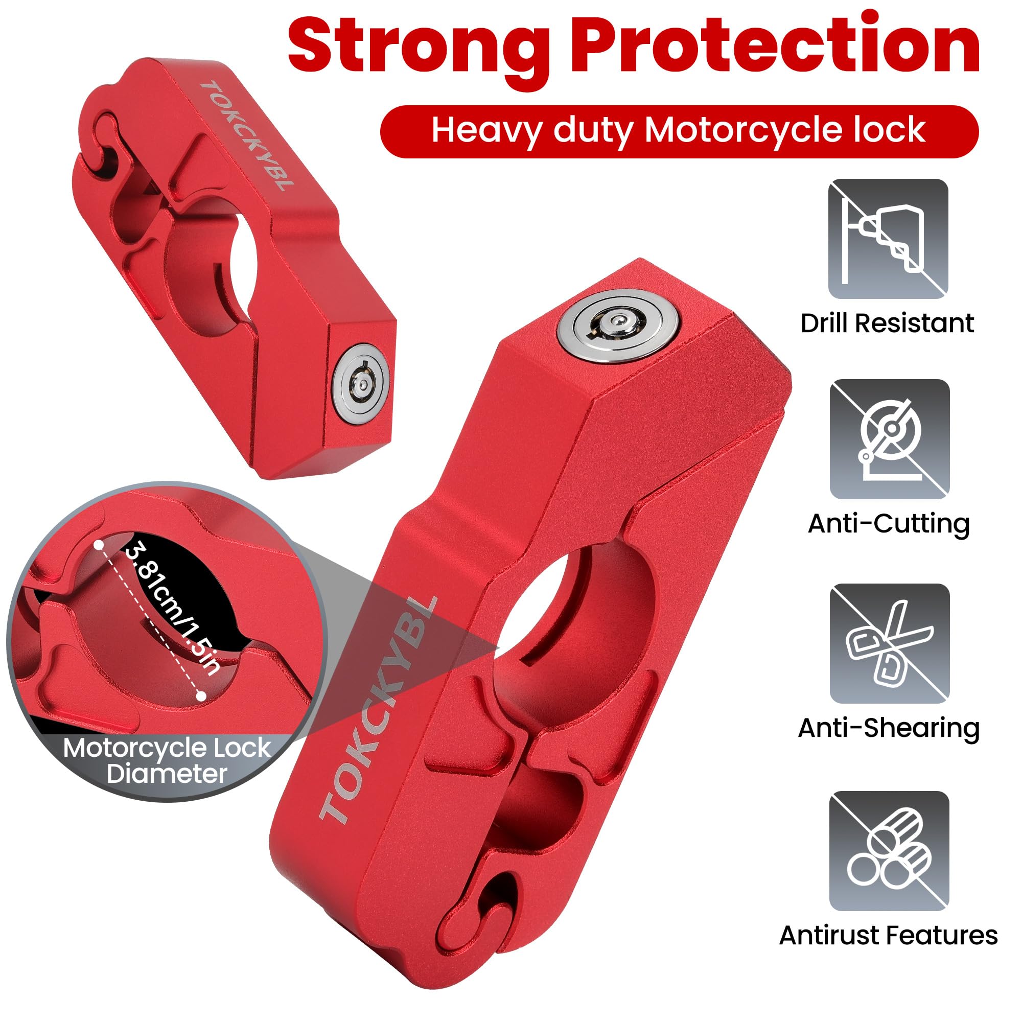 TOKCKYBL Motorcycle Lock, Heavy Duty Anti Theft Helmet, Brake and Handlebar Lock, Universal for Motorcycles, ATVs, Dirt Bikes, Mopeds，Scooters, Red