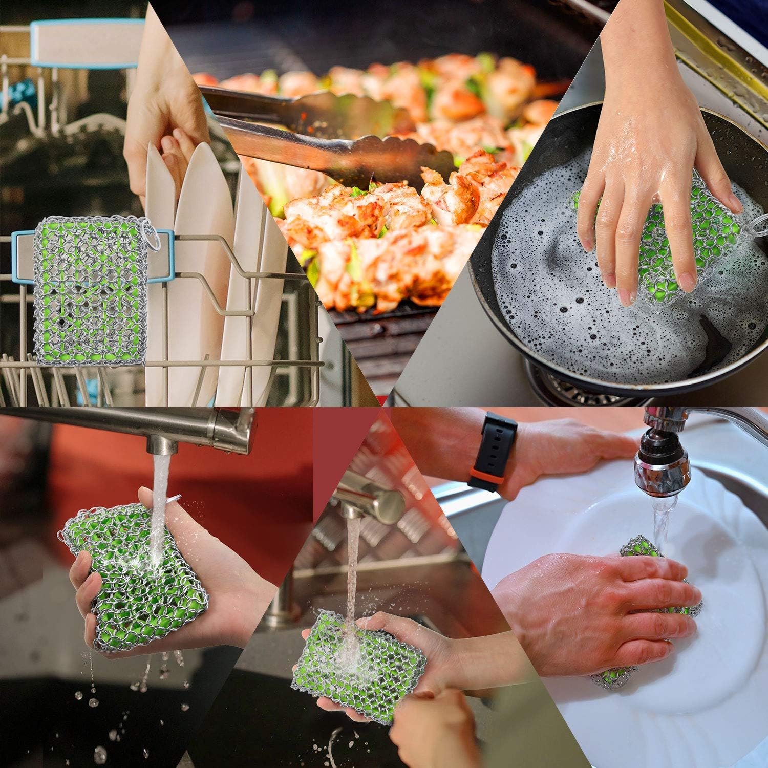 2 Pieces Chainmail Scrubbers Skillet Cast Iron Cleaner Stainless Steel Scrubbers with Silicone for Kitchen Cookware BBQ Tools Green and Red: Health & Personal Care