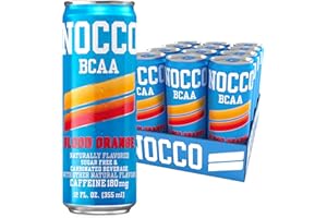 NOCCO BCAA Energy Drink Blood Orange - 12 Fl Oz (Pack of 12) - 180mg of Caffeine, Sugar Free Energy Drinks - Carbonated & Low Calorie, BCAAs, Vitamin B6, B12, & Biotin - Grab & Go Performance Drink