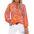 MASCOMODA Womens V Neck Floral Long Sleeve Tops 2025 Summer Casual Loose Puff Sleeve Chiffon Boho Work Blouse Dressy T Shirts