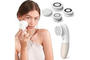 Raedia Handheld Facial Cleansing Brush with 4 Interchangeable Brush Heads by Vanity Planet - Lightweight Daily Cleansing Brush for Glowing Skin - Water Resistant Face Exfoliator - Warm Grey