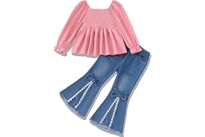 XUANHAO Toddler Girls Clothes Fall Winter Puff Sleeve Smocked Shirt Top Flare Jeans Outfits for Girl Bell Bottom Clothing Set