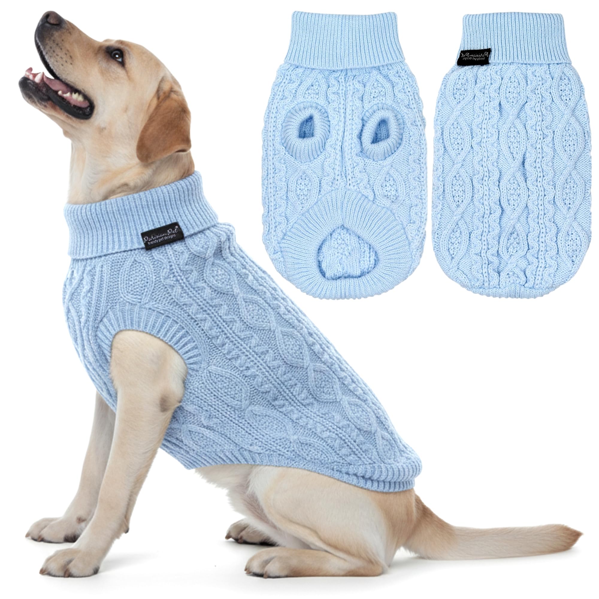 Parisian Pet - Turtleneck Sweater for Dogs - Blue Cable Knit Pullover – Warm Puppy Clothes - Size L