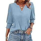 Dokotoo Womens Summer 2026 Hollow Out Blouses 3/4 Length Sleeve Business Tops Dressy Casual V Neck Cute T-Shirts