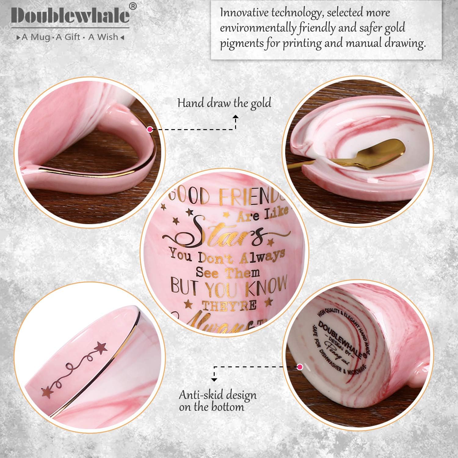 Doublewhale Friend Friendship Gifts Coffee Mug, Good Fiends are Like Stars, 14 Oz Pink Ceramic Marble Mug Tea Cup - Image 5