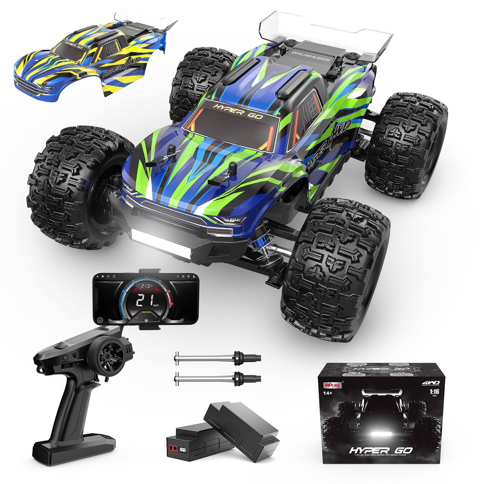 HYPER GO H16GT 1/16 Scale RTR Remote Control Car for Adults, GPS Max 40 Km/h Fast RC Cars with LED Light, Race Offroad RC Monster Trucks, RC Truggy with 2S Lipo Battery