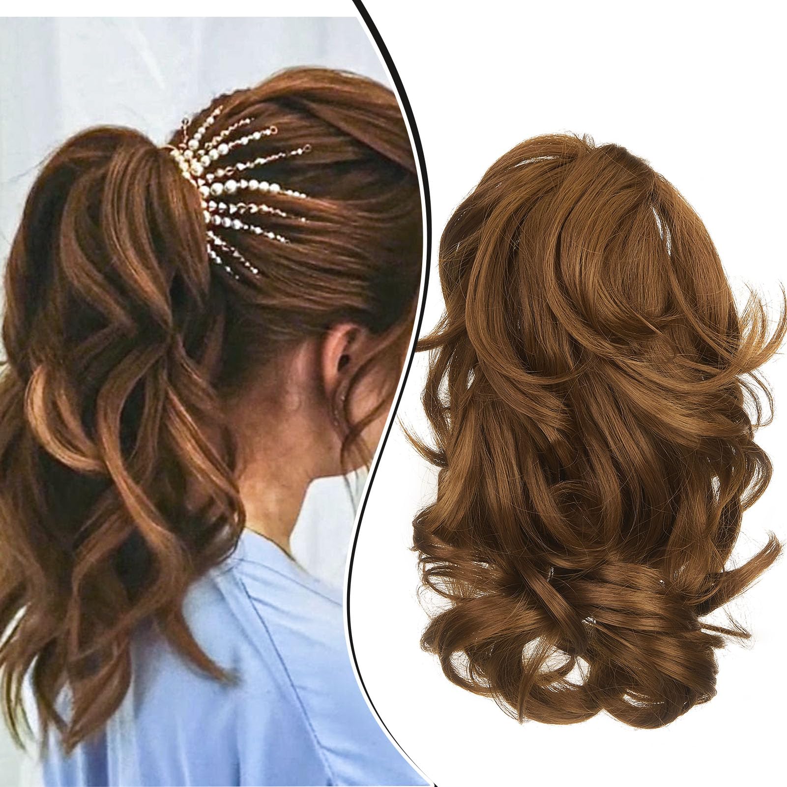 Dcbaboo Short Ponytail Extension Curly 12inch Claw Clip in Ponytail Hair Extensions Long Wavy Synthetic Pony tails Natural Wave One Piece Hairpiece Fake Ponytail for Women, Light Auburn — image 1
