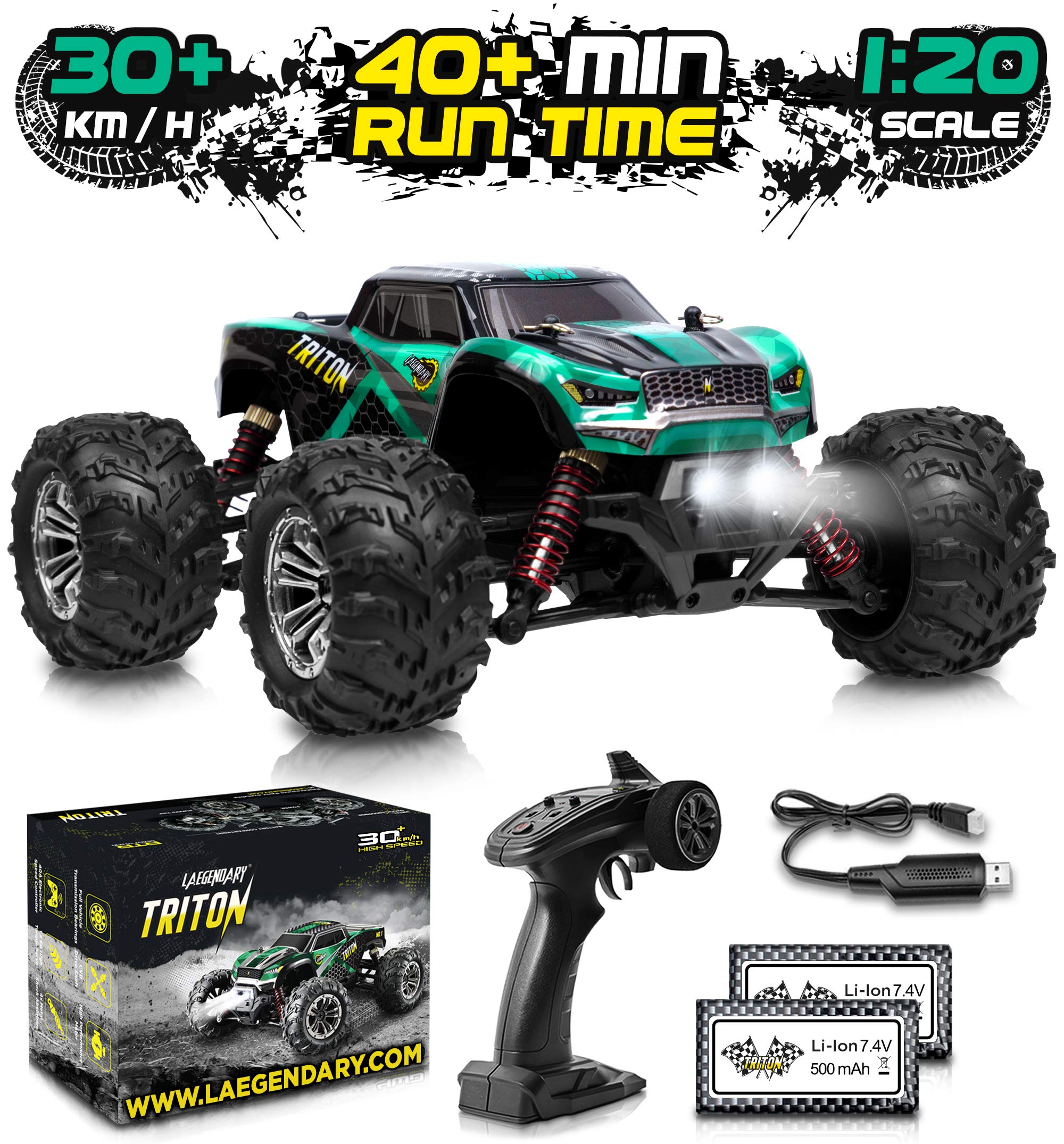 1:20 Scale RC Cars 30+ kmh High Speed - Boys Remote Control Car 4x4 Off Road Monster Truck Electric - 4WD All Terrain Waterproof Toys Trucks for Kids and Adults - 2 Batteries for 40+ Min Play Time