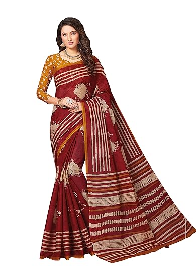 Womens Pure Cotton Printed Saree with Blouse Piece (SKR5621_Maroon)