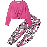 NECIOUS Girls Fall Outfits 2 Piece Fashion Twist Front Pullover Sweatshirt and Camo Pants Clothing Sets 5-14Y