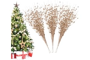 Losris Christmas Artificial Glitter Berry Stem Decorations Decorative Bead Sticks Xmas Picks Glittery Twigs Branches for Christmas Tree Wreath Gift Vase Decor Party Ornaments Champagne 24 PCS