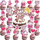 1Pcs Happy Galentine's Day Cake Topper+ 24Pcs Valentines Cupcake Topper,Love Heart Bear Cupid Cake Toppers Pink Red Valentine Picks for Valentine's Day Decorations