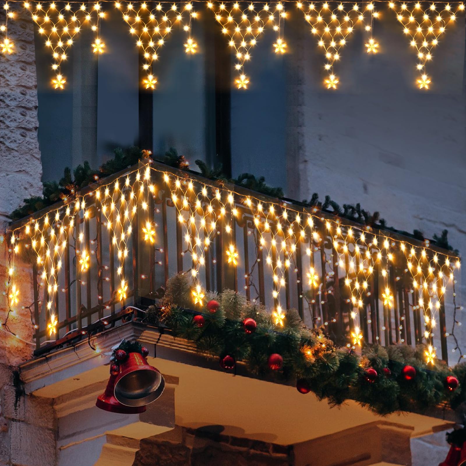 Photo 1 of **NON FUNCTIONAL** Ramadan Outdoor String Lights Waterproof, 218 LED 13.8FT Star Curtain Fairy Lights with 12 Drops Connectable Clear Wire Christmas Light Decorations 8 Modes for Eaves Yard Wedding Party Holiday Decor