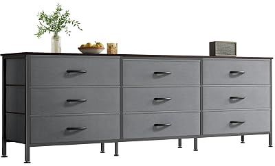 Huuger 63 Inch Dresser for Bedroom, Dresser for Closet with 9 Drawers, Large TV Stand for 55, 65, 70 Inch TV, Entertainment Center with Storage, Wide Long Chest of Drawers, Walnut and Dark Grey