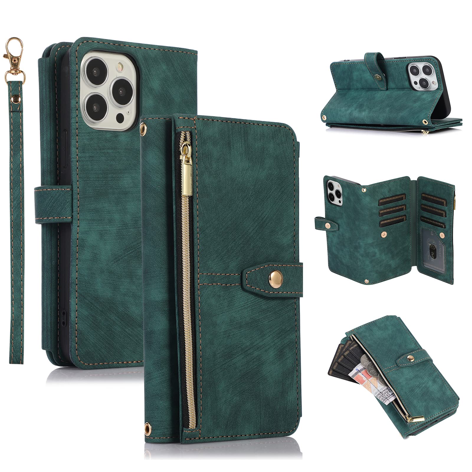 UEEBAI Case for iPhone 12/iPhone 12 Pro 6.1 inch, 9 Card Slots Retro Leather Wallet Shockproof Flip Cover with Hand Strap Card Slots Zipper Pocket Kickstand Handbag Magnetic Closure - Vintage Green