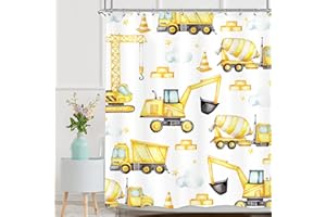 Riyidecor Boys Construction Shower Curtain 60Wx72H Inch Watercolor Yellow Cartoon Tractor Truck Excavator White Cloud Kids Child Nursery Funny Bathroom Decor Fabric Polyester Waterproof 12 Pack Hooks