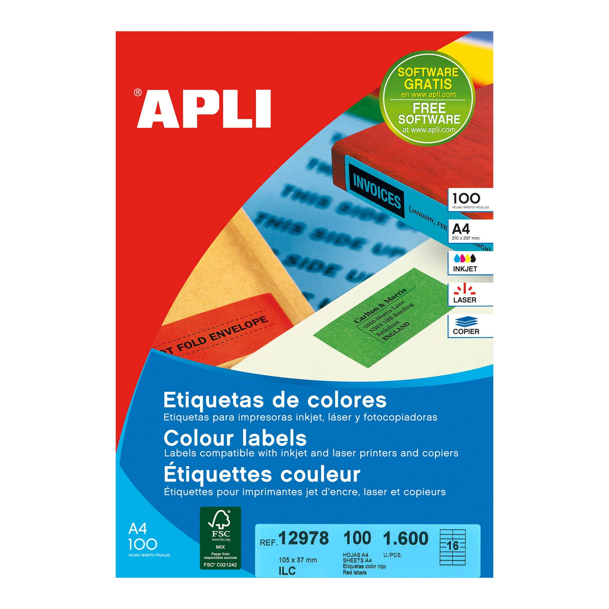 APLI 12978 – Permanent Red Labels 105.0 x 37.0 mm 100 Sheets