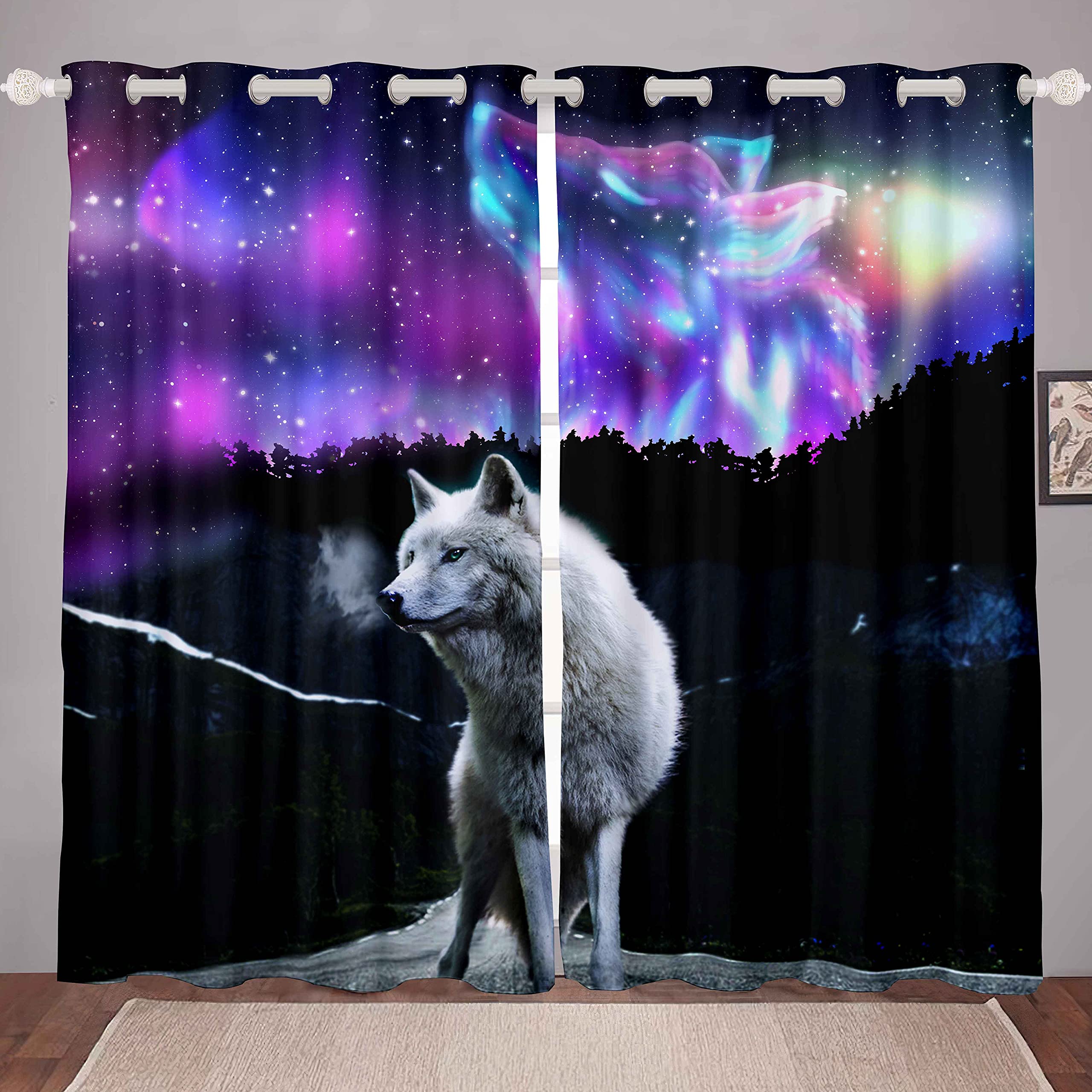 Loussiesd Wolf Thermal Curtain 3D Galaxy Wolf Curtain for Bedroom, Kids Boys Girls Cool Wildlife Room Darkening, Purple Starry Sky Night Drapes, W46xL54