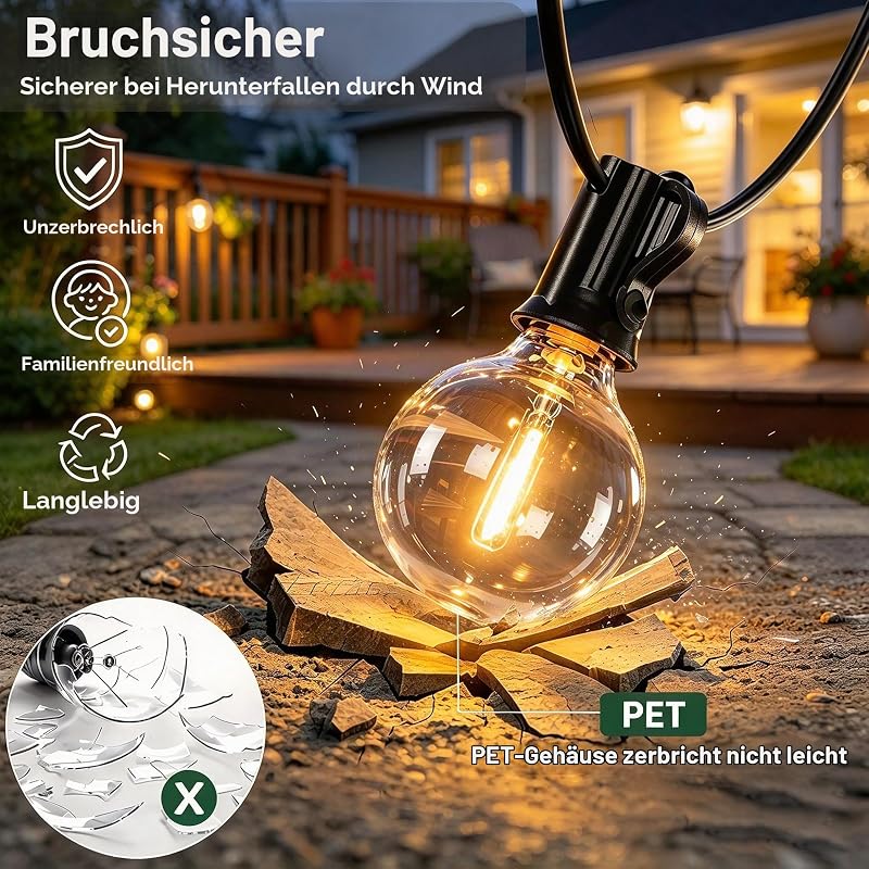 Lichterkette Led Außen Outdoor Strom: 13M Aussen Beleuchtung G40 Plastik Birnen Glühbirnen Balkon Pavillon Lichterketten Wetterfest Gartenbeleuchtung für Garden, Patio, Weddings, Parties — Foto 3 von 8