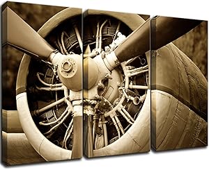 KLVOS 3 Piece Vintage Airplane Art Canvas Wall Decor Retro Plane with Propeller Close-up Picture Modern Paintings Artwork Stretched and Framed for Living Room Home 16