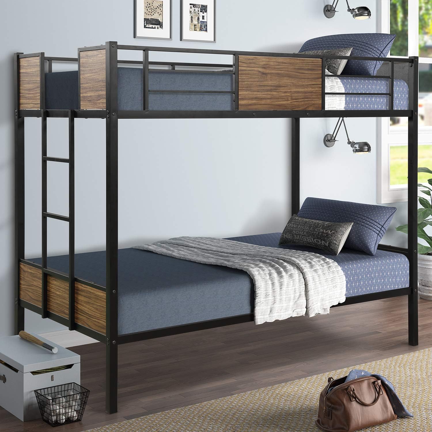 Twin-Over-Twin bunk Bed Modern Style Steel Frame bunk Bed with Safety Rail, Built-in Ladder for Bedroom, Dorm, Boys, Girls, Adults