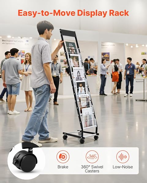 VEVOR BROCHURE DISPLAY RACK, NARROW 6-TIER MAGAZINE LITERATURE DISPLAY STAND WITH WHEELS, METAL FLOOR STANDING MAGAZINE RACK, MOVABLE NEWSPAPER CATALOG HOLDERS FOR SHOP EXHIBITIONS OFFICE (6 POCKETS)