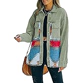 Lumister Women's Aztec Denim Jacket Distressed Lapel Long Sleeve Vintage Button Down Denim Jacket Shacket